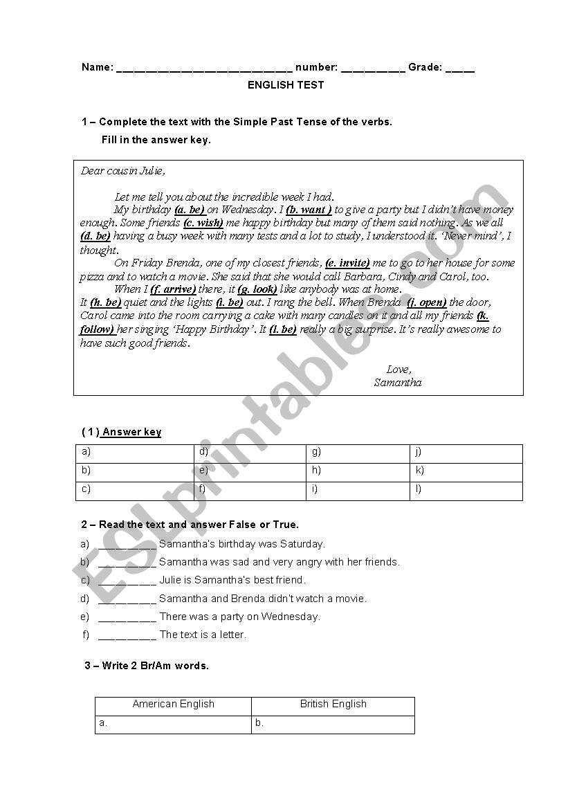 English test worksheet