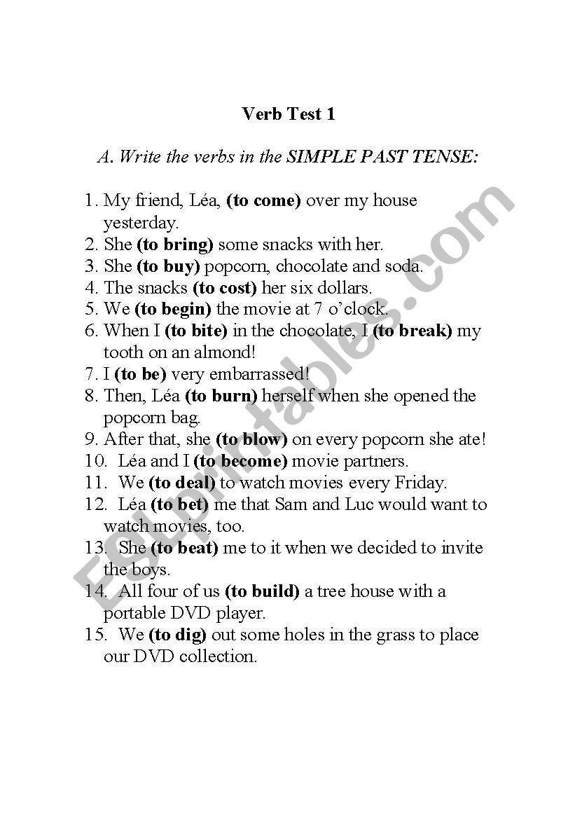 verb test worksheet