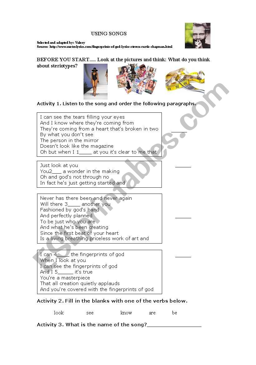 Song FINGERPRINTS OF GOD worksheet