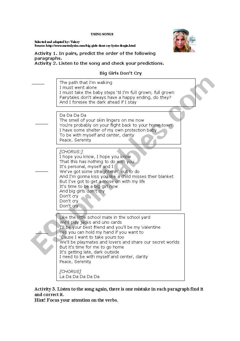 Song Big Girls donÂ´t Cry worksheet