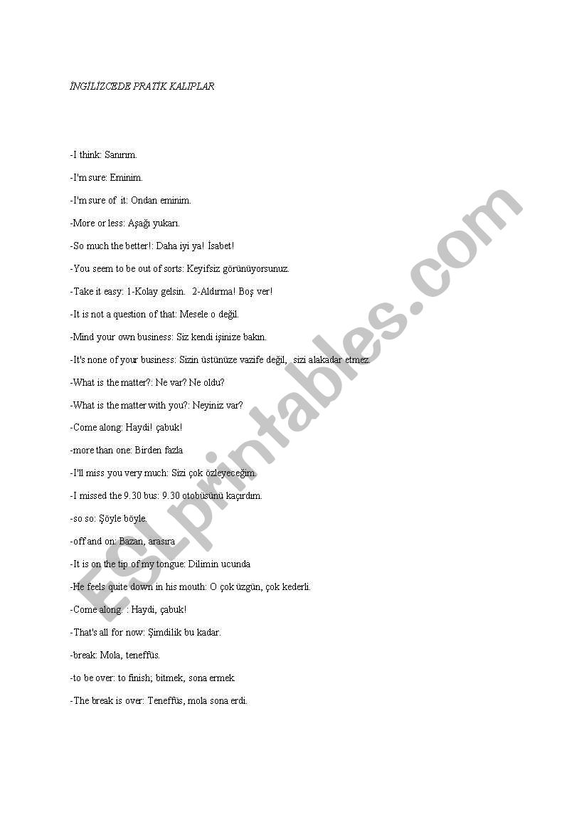 ingilizce pratik kalýplar  worksheet