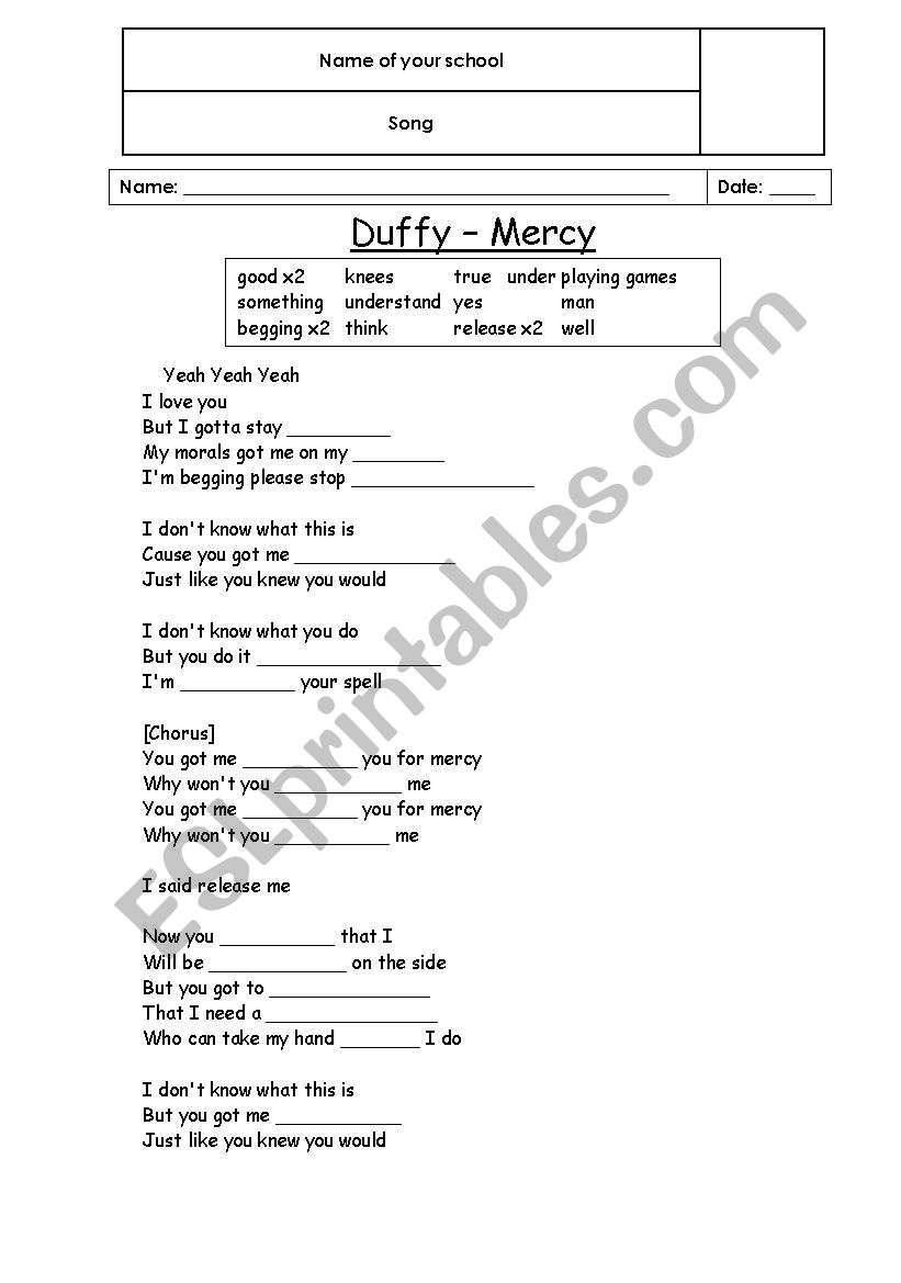 Song activity Mercy by Duffy worksheet