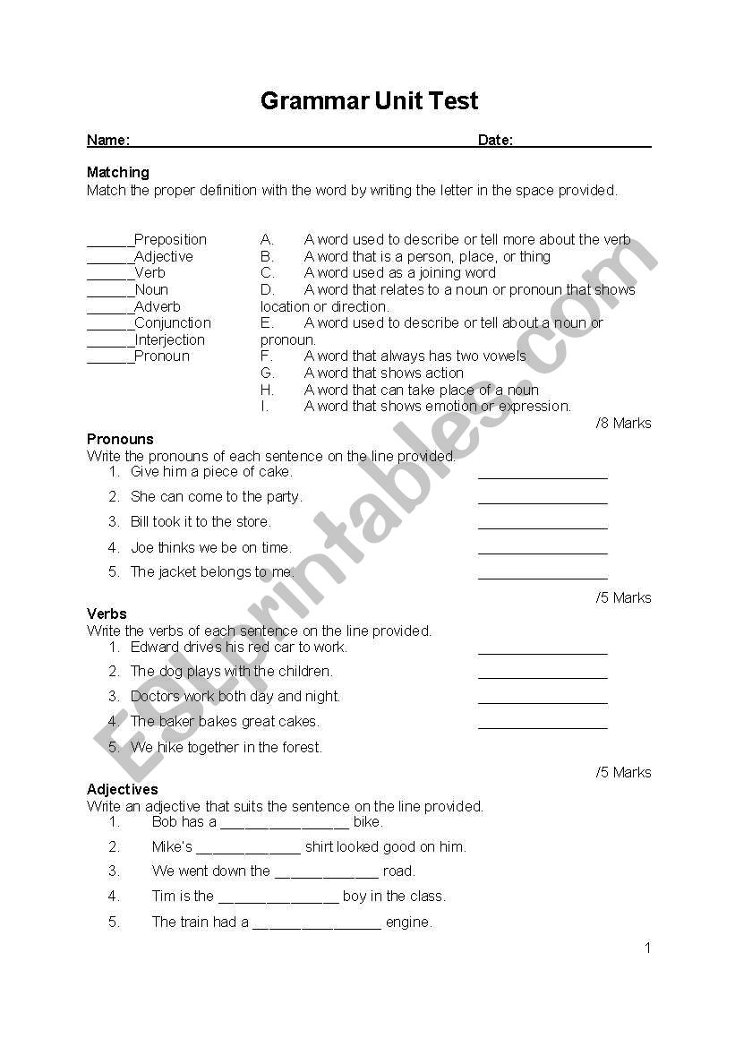 parts of speech grammar unit test esl worksheet by pugy