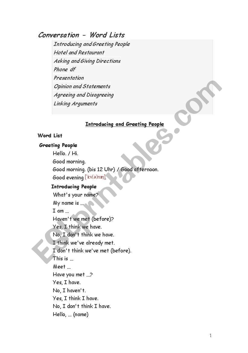 Conversation - Word List worksheet