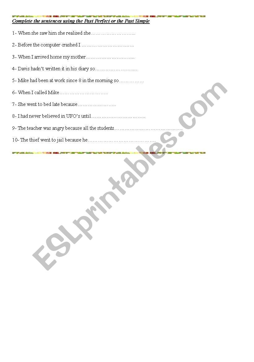 Past Perfect or Past Simpe worksheet