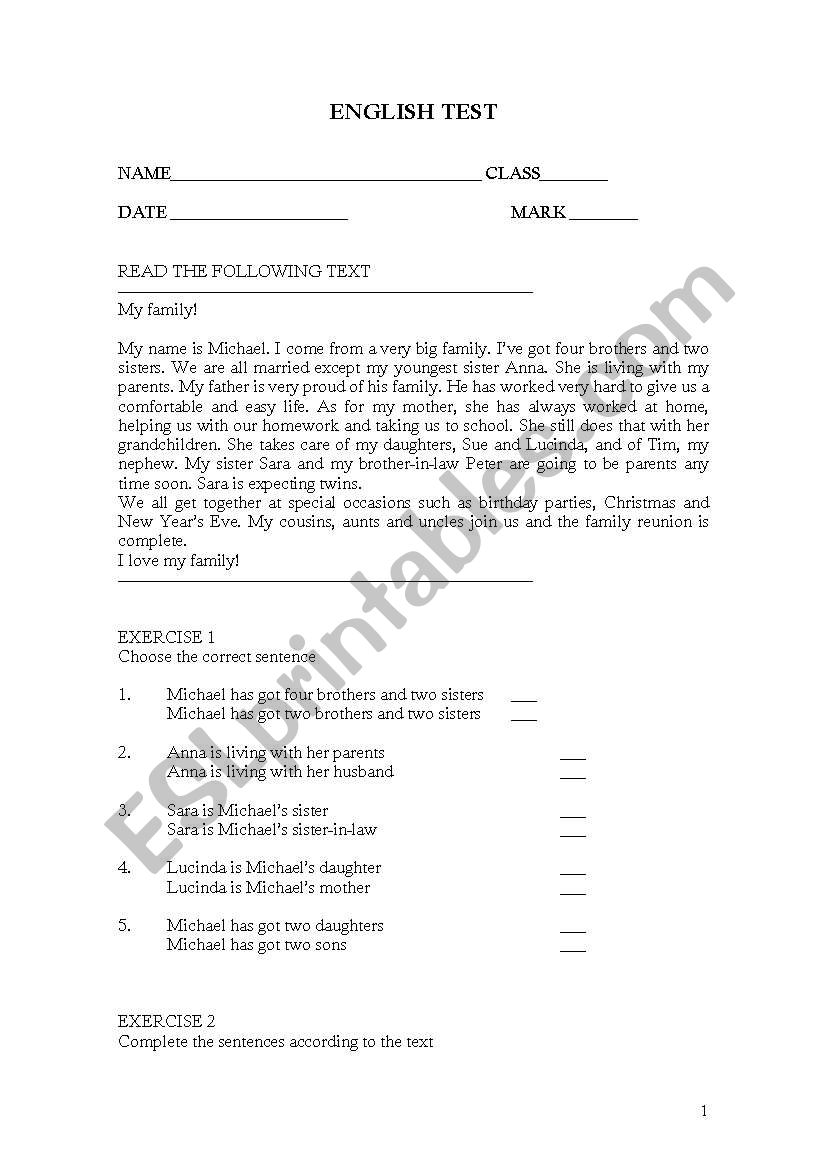 English Test worksheet