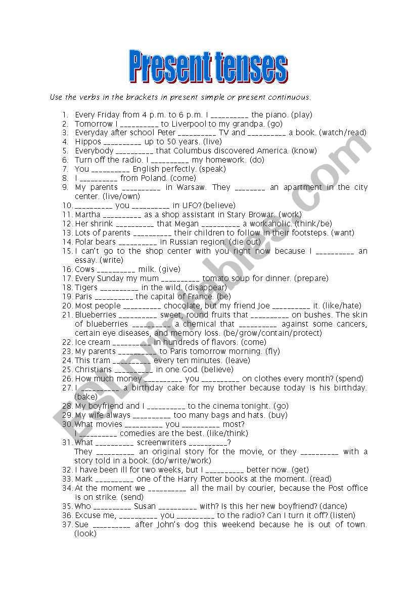 present tenses worksheet