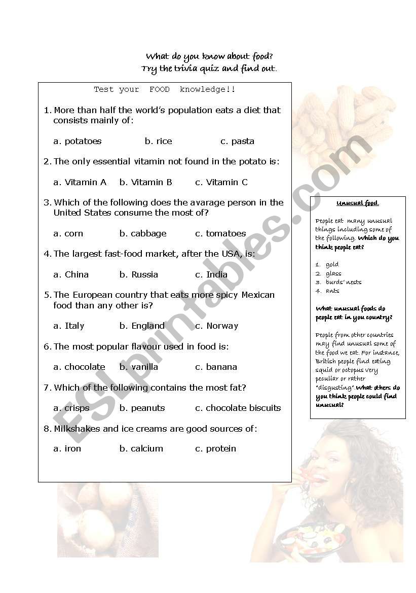 Quiz on food worksheet