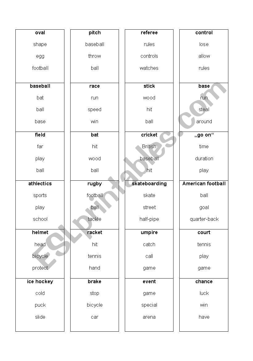Taboo Cards - sports worksheet