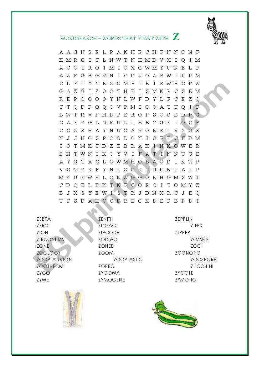 Wordsearch - Words that start with Z