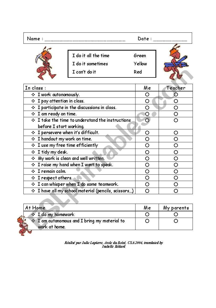 End of term self evaluation worksheet