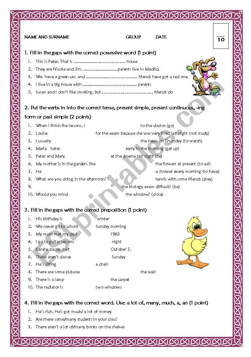 Elementary test worksheet