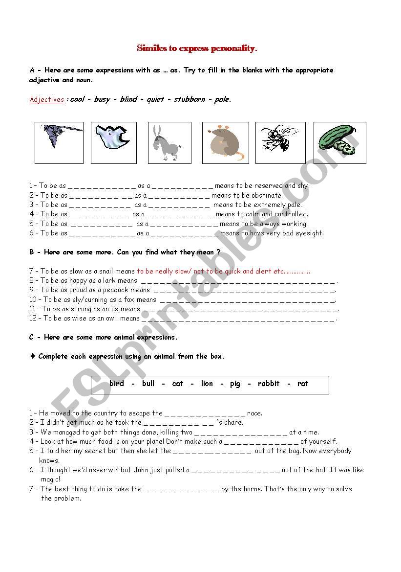 similes with animals worksheet