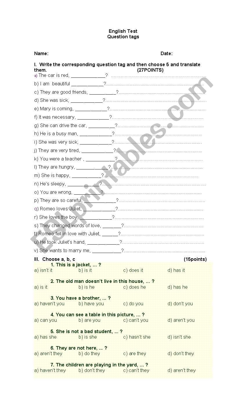 question tags test worksheet