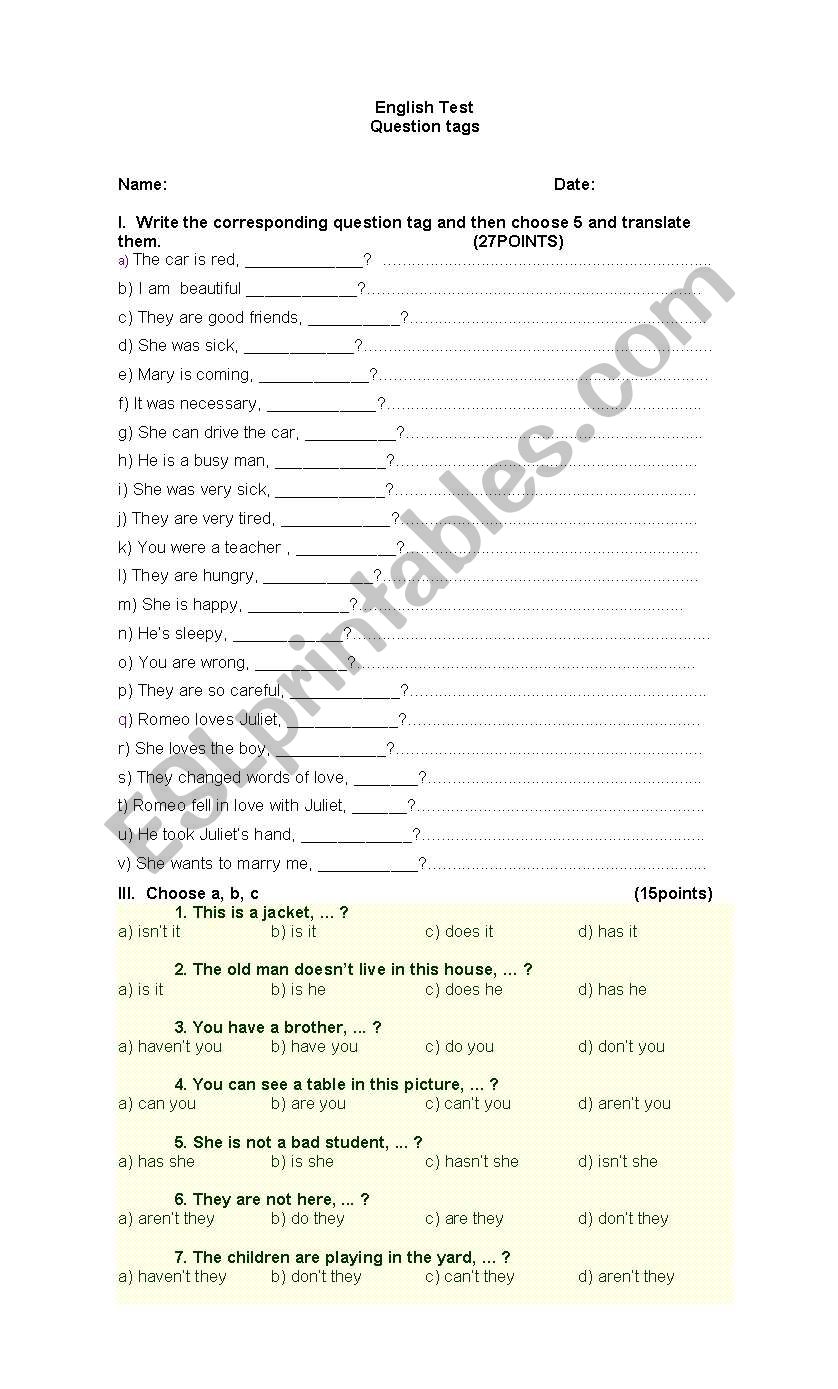 question tags test worksheet