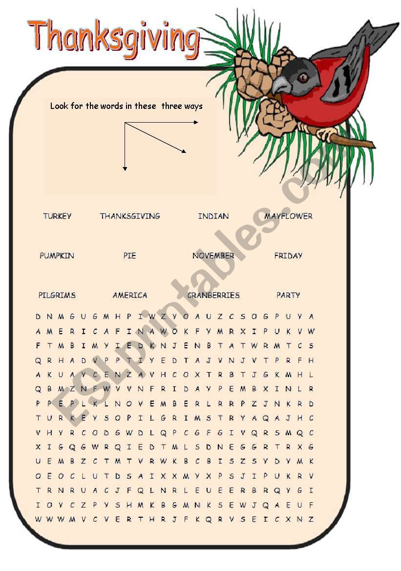 Wordsearch -Thanksgiving worksheet