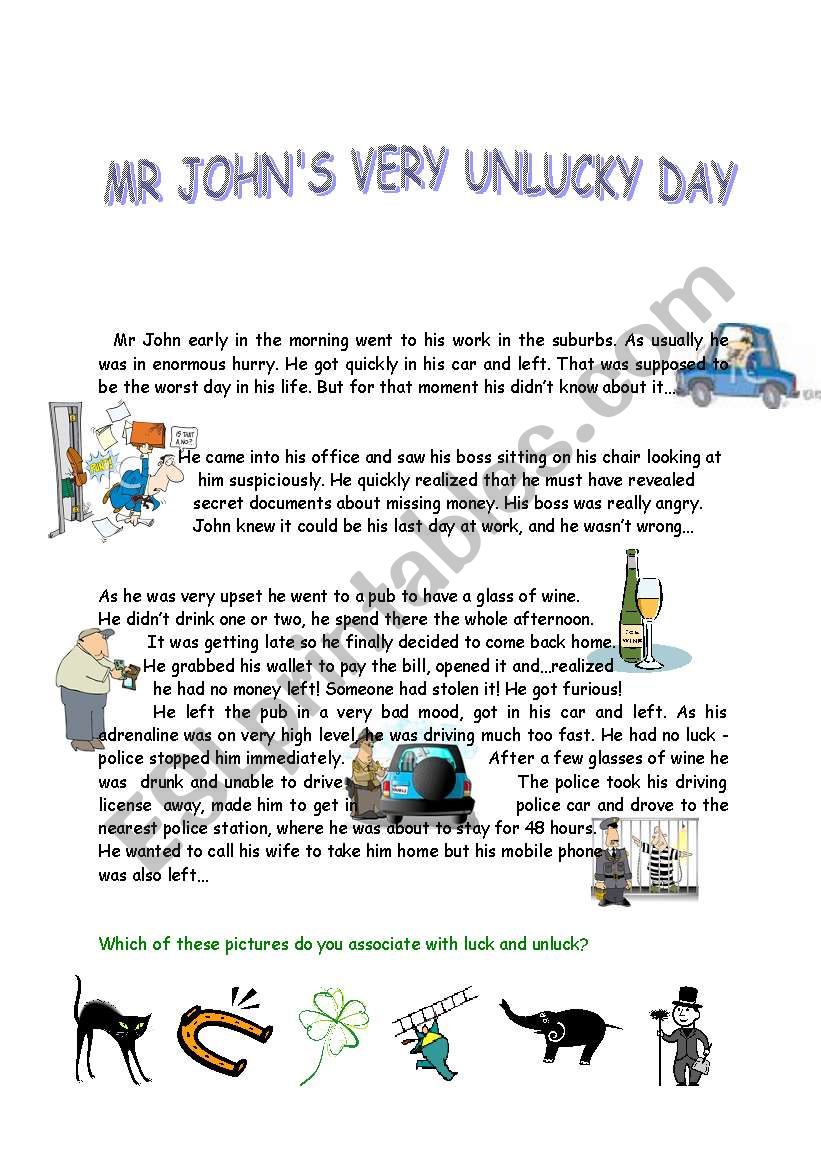 Mr Johns very unlucky day worksheet