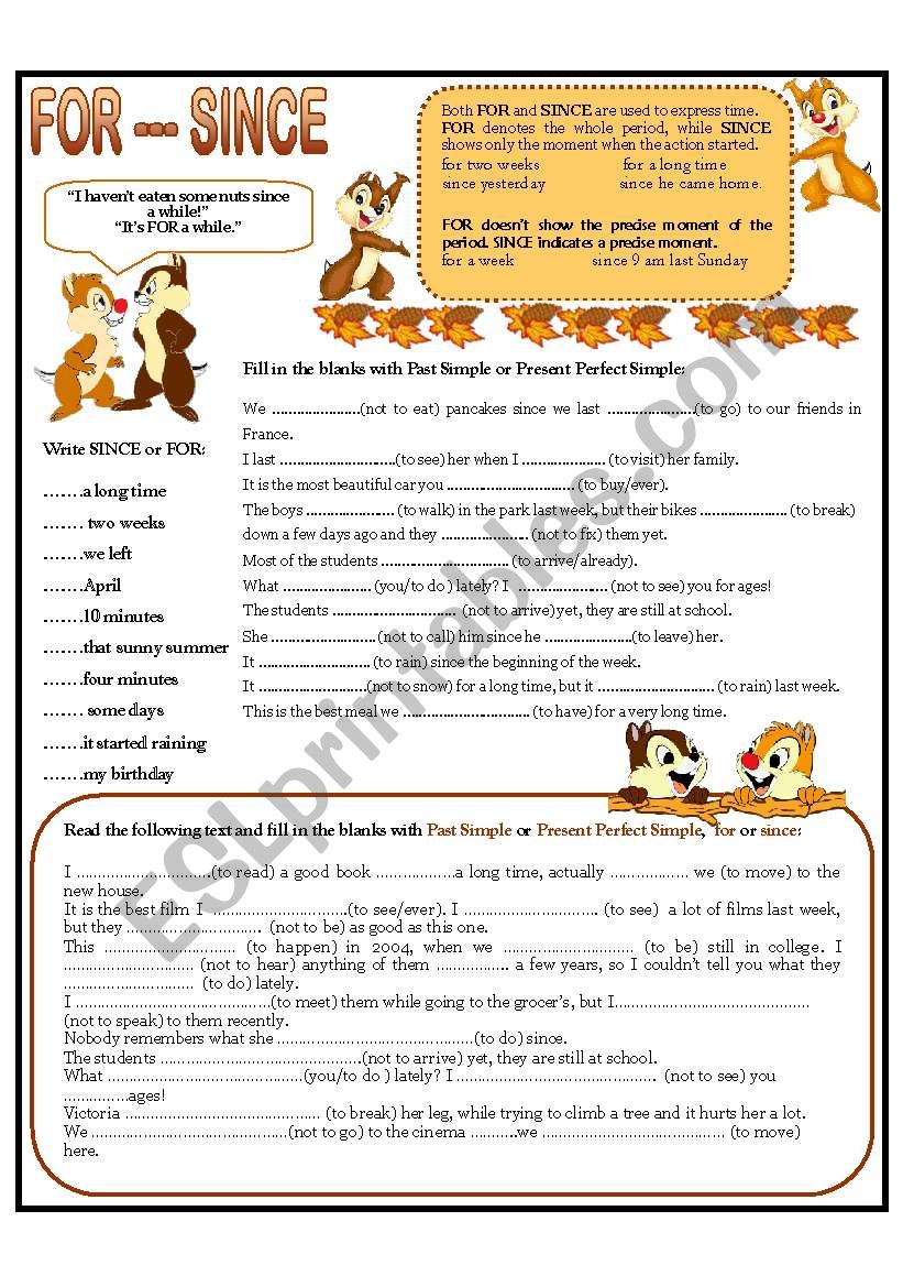 FOR --- SINCE worksheet