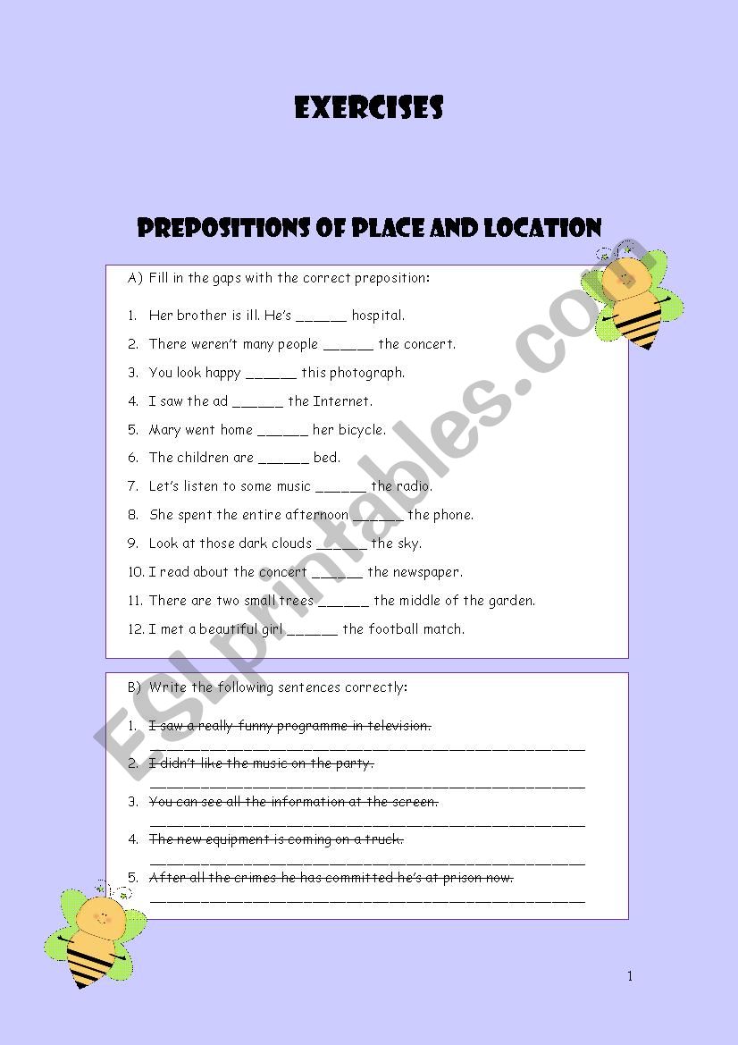Prepositions of Time and Place - Exercises (2 pages)