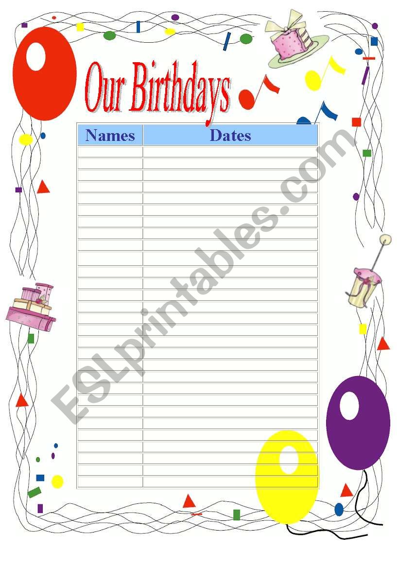 Our Birthdays worksheet