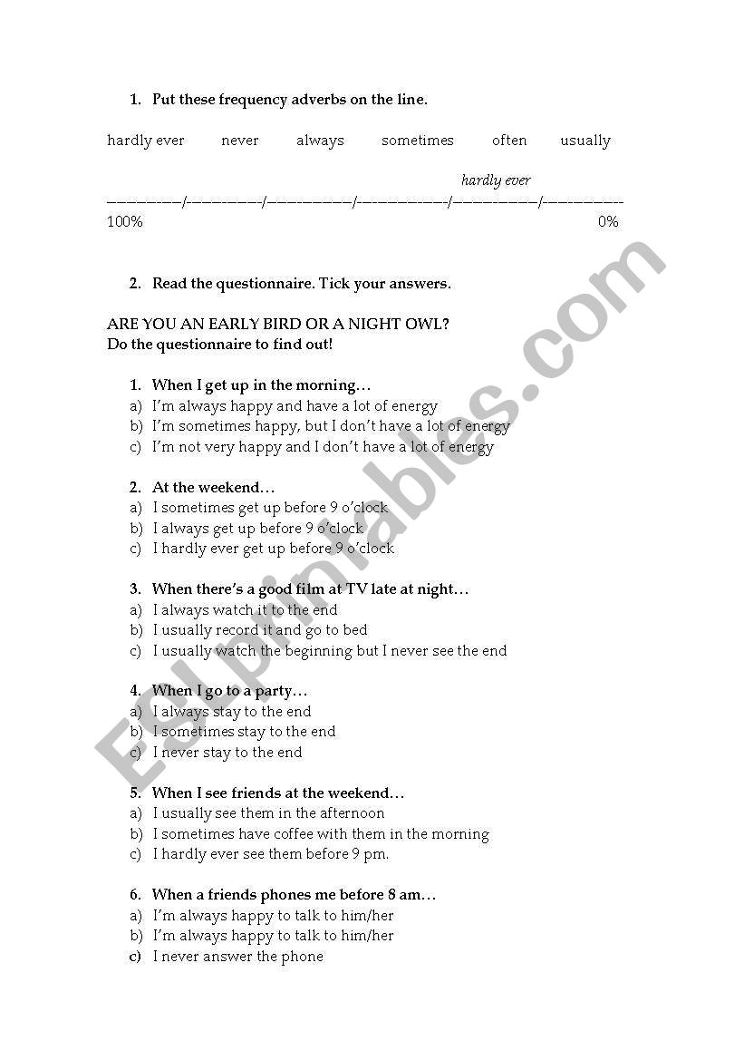 Frequency adverbs worksheet