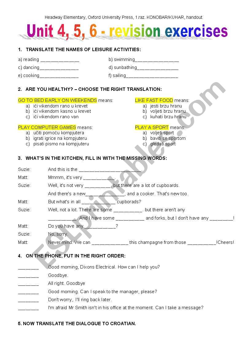 HEADWAY ELEMENTARY exercises worksheet