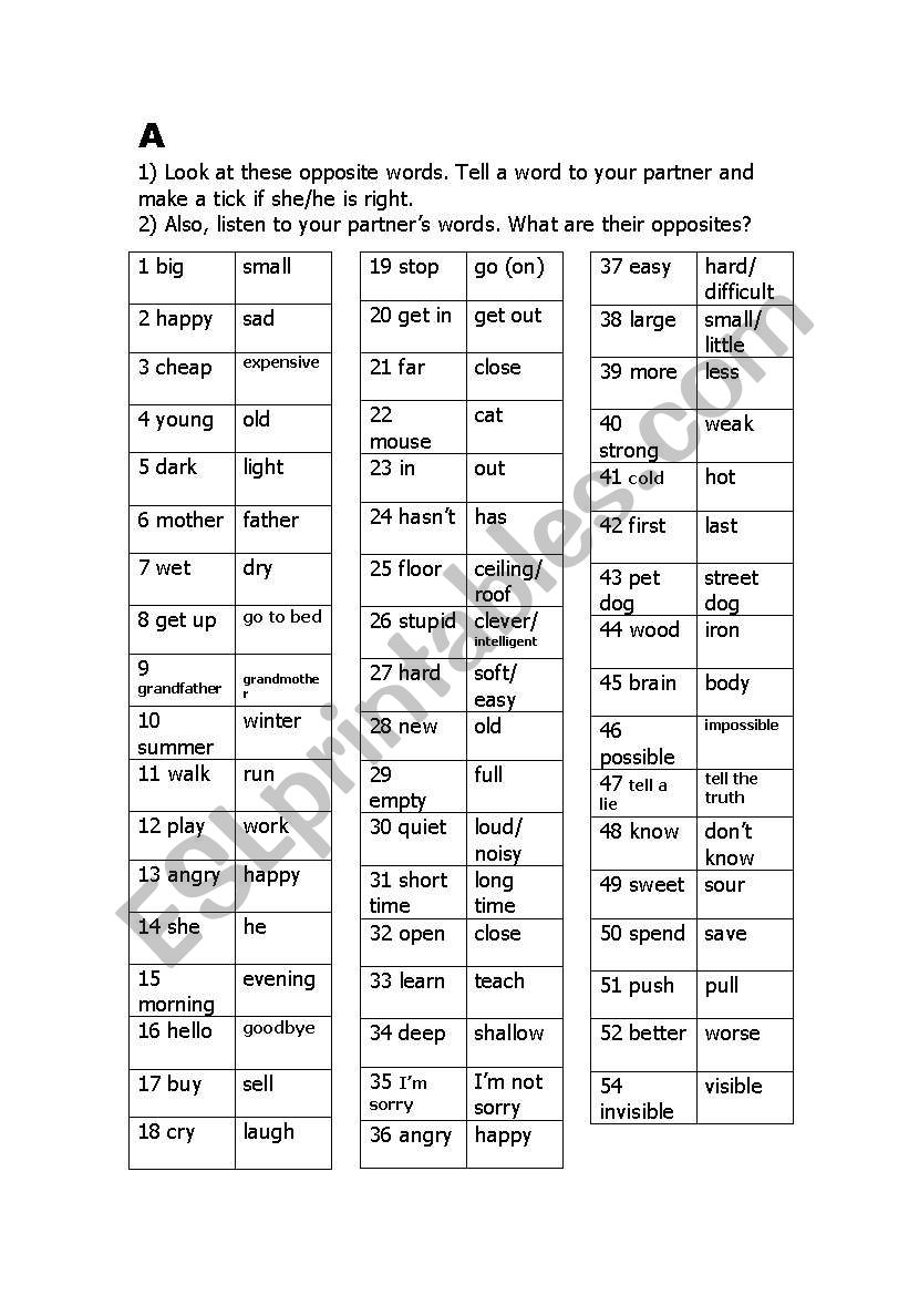 Pair work asking each other what the opposites of different words/short expressions are sheets A and B 