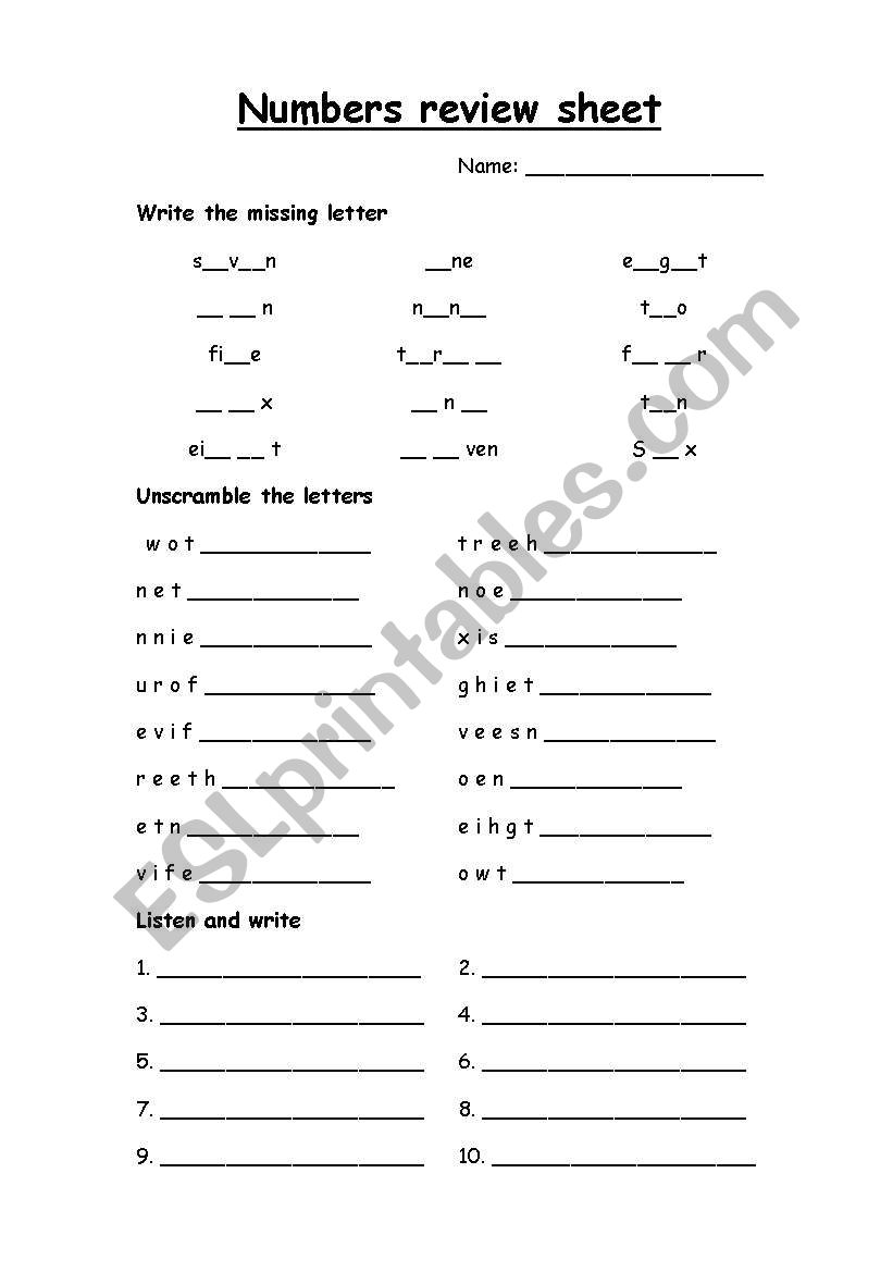 numbers spelling review sheet worksheet