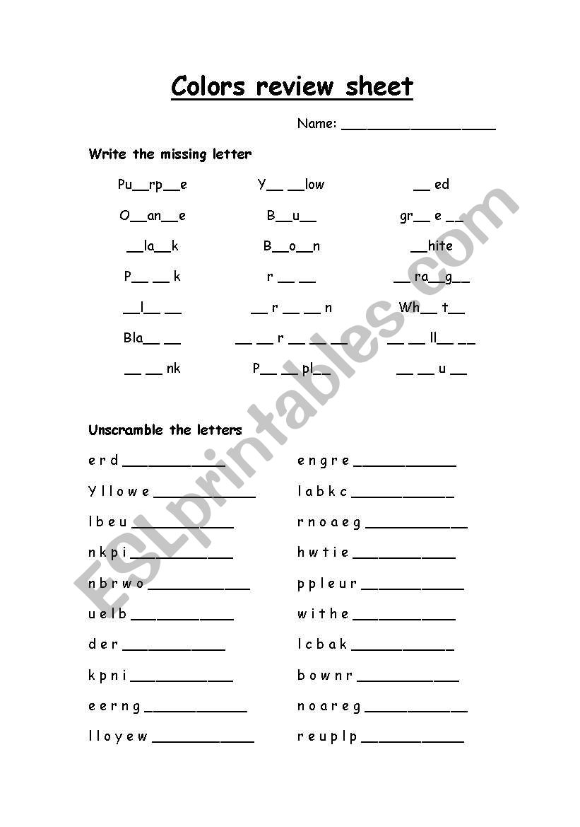 Colors spelling review worksheet