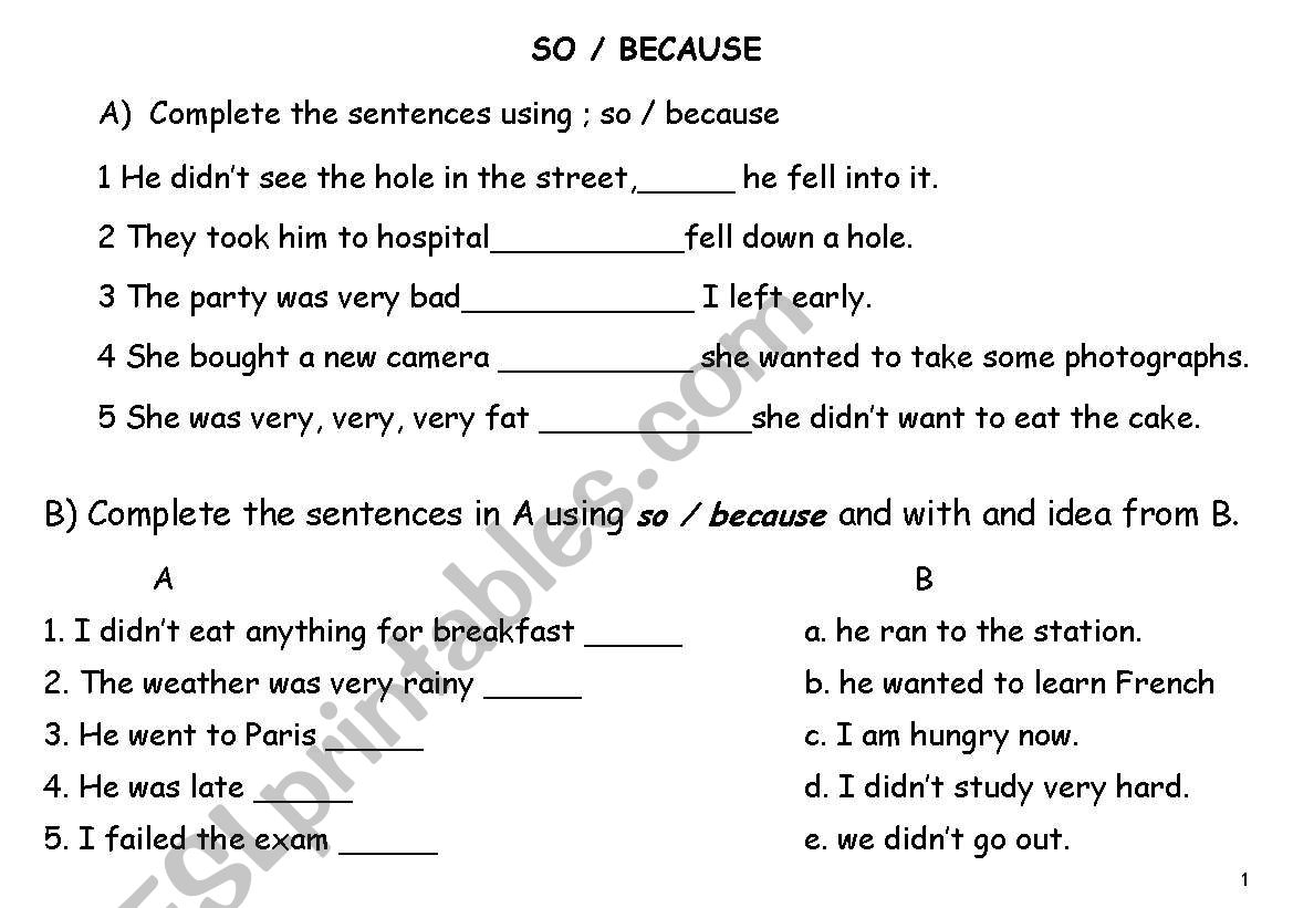 SO & BECAUSE worksheet