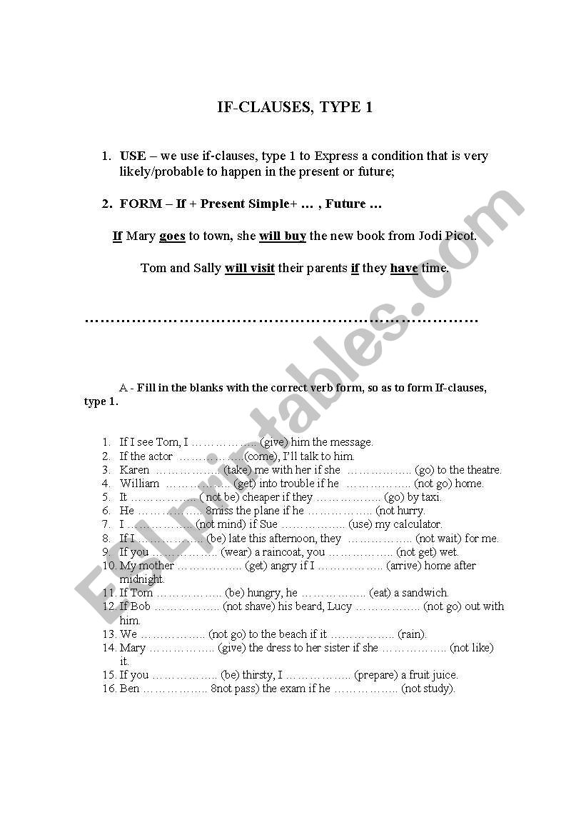 if-clauses,type 1 worksheet