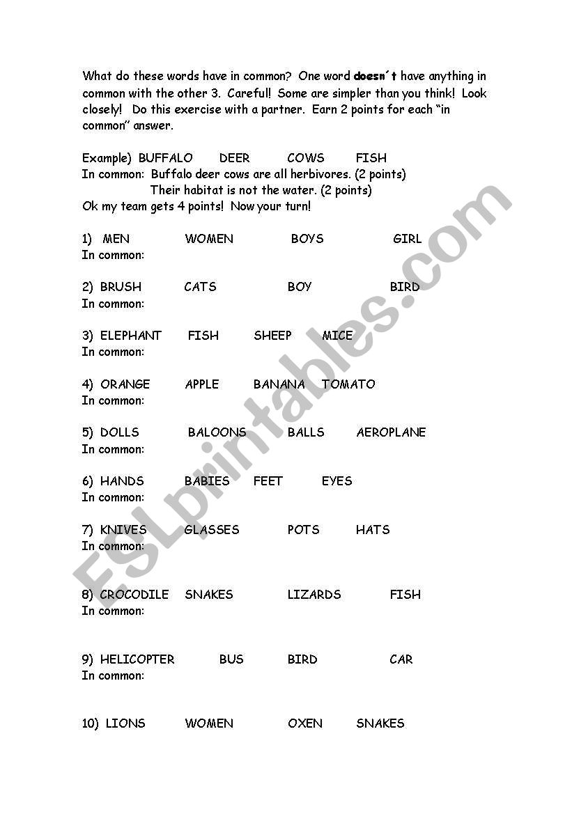 Words in common worksheet