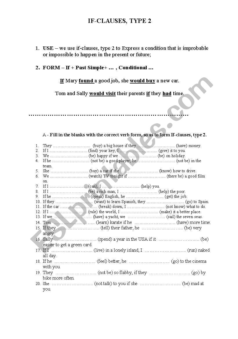 if-clauses, type 2 worksheet