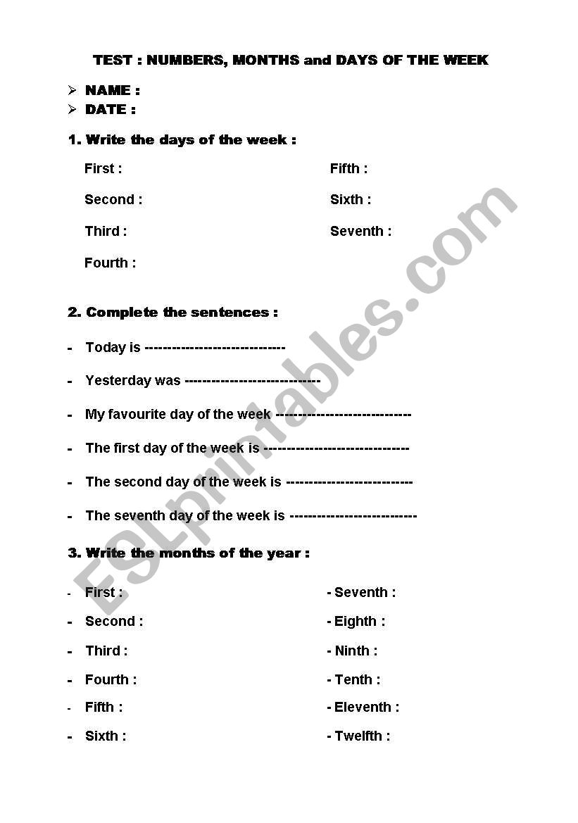 Test months, days, numbers worksheet
