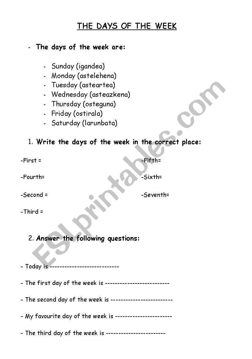 the days of the week worksheet