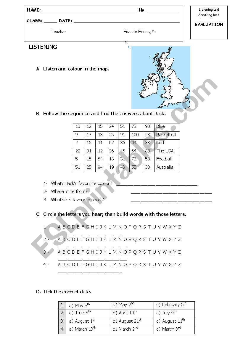 listening and speaking test worksheet