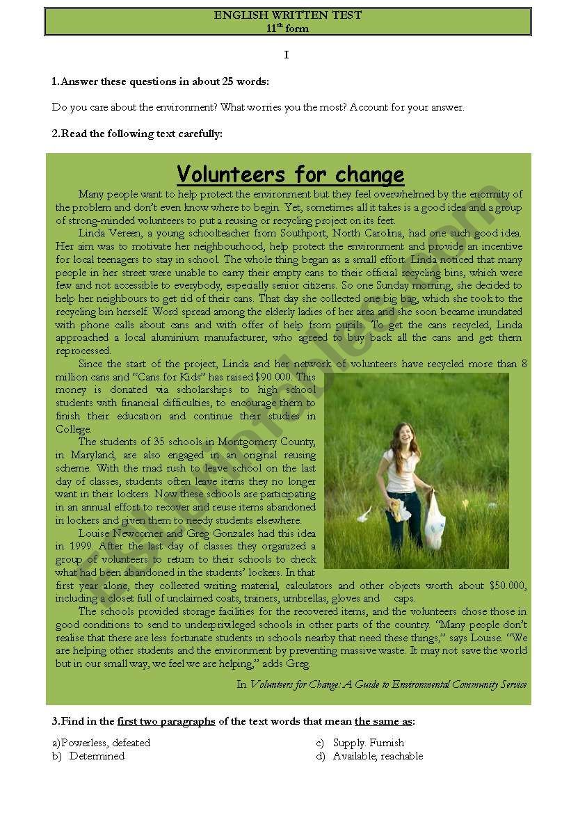 Test - Volunteers for change worksheet