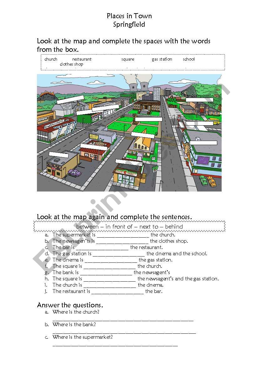 places in town & prepositions worksheet