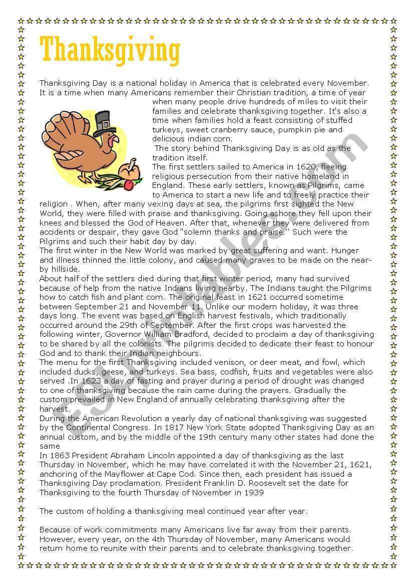 Thanksgiving - reading comprehension - part 1 of 3 (text)