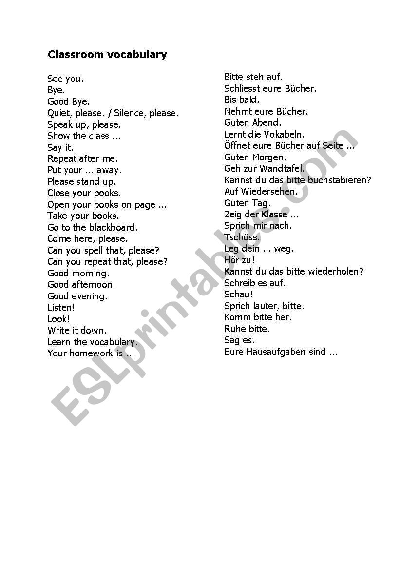 Classroom vocabulary worksheet