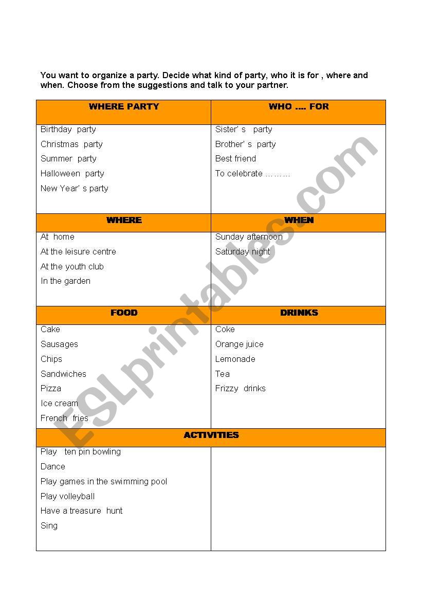 organize a party worksheet