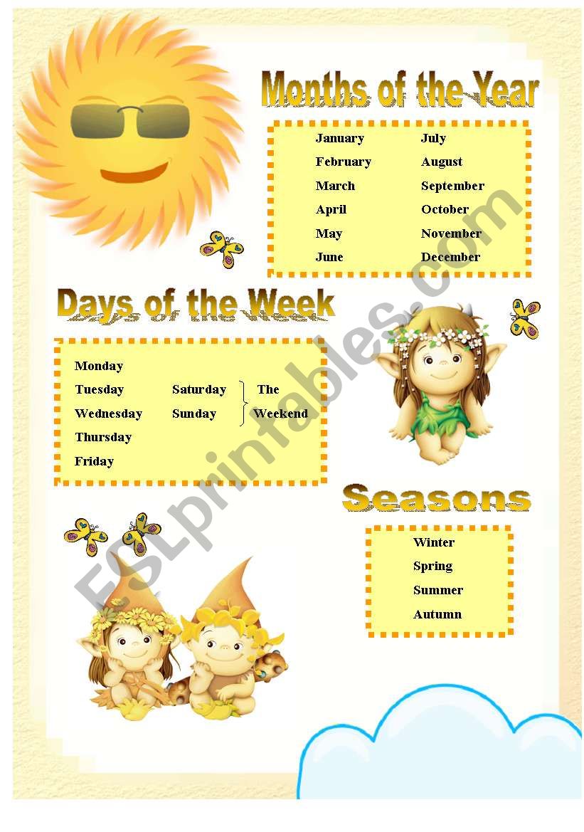 Months of the year, days of the week and seasons handout