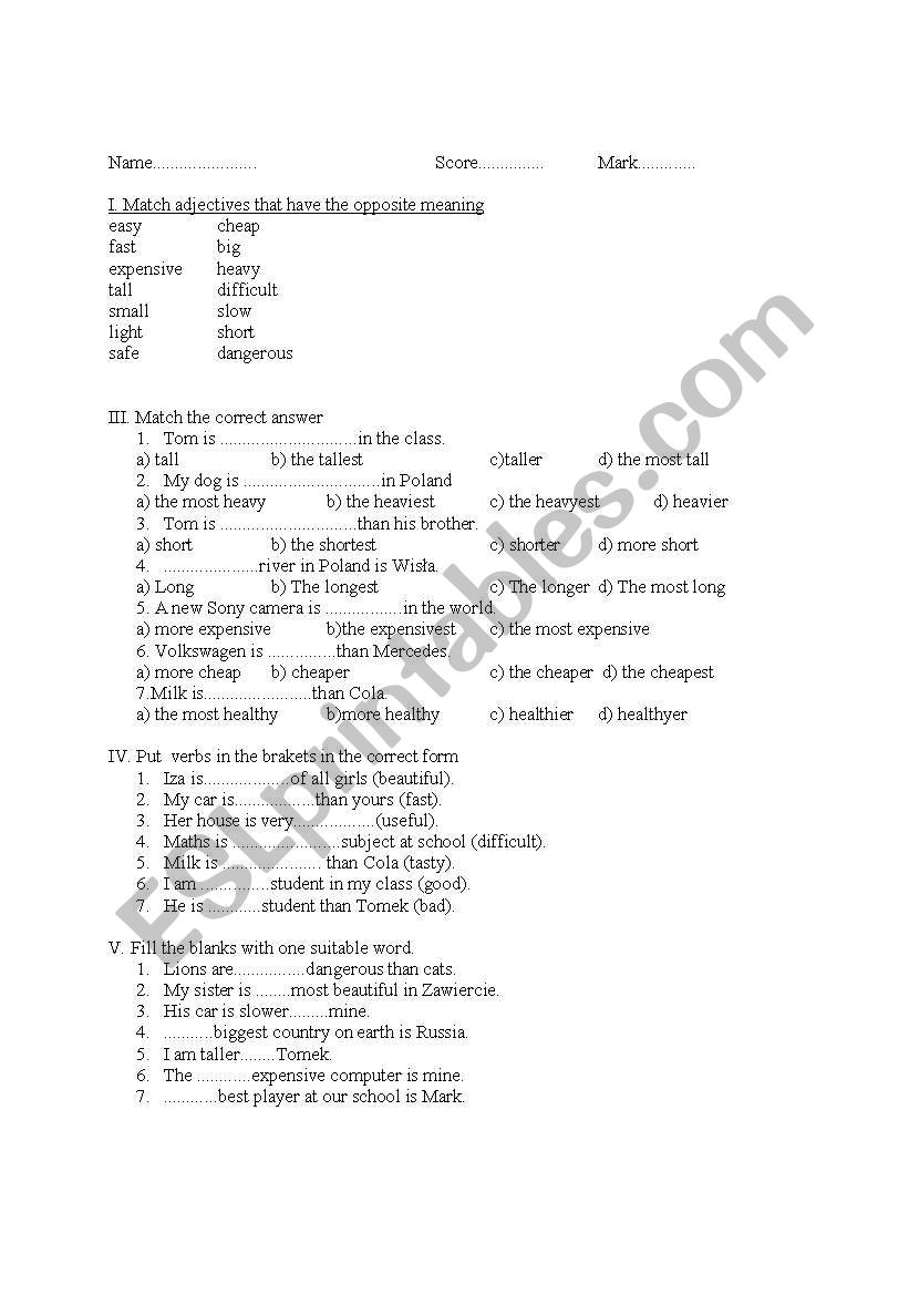 adjectives comparison worksheet