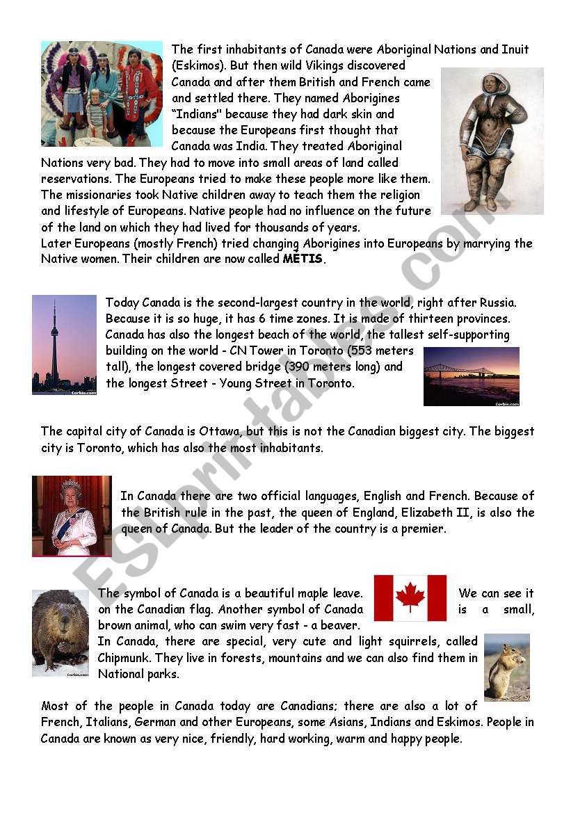 Text about Canada worksheet
