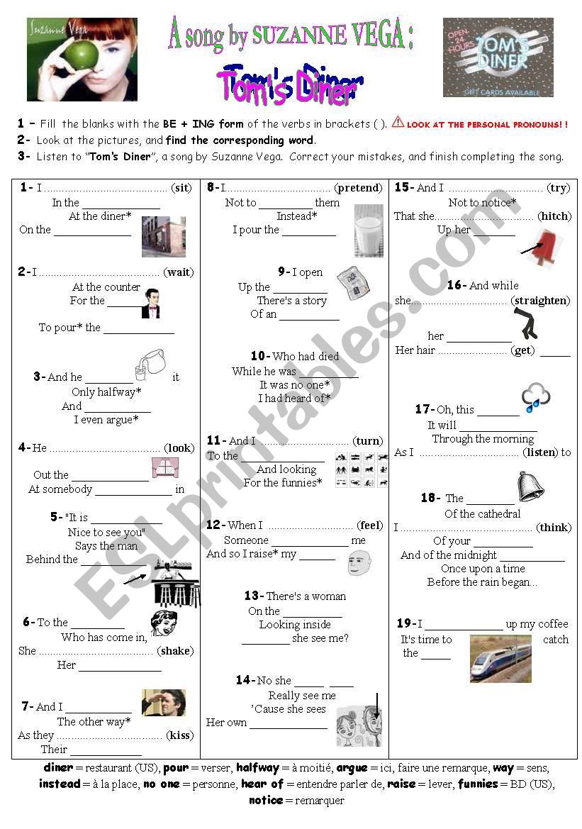 TOMS DINER - Suzanne Vega worksheet