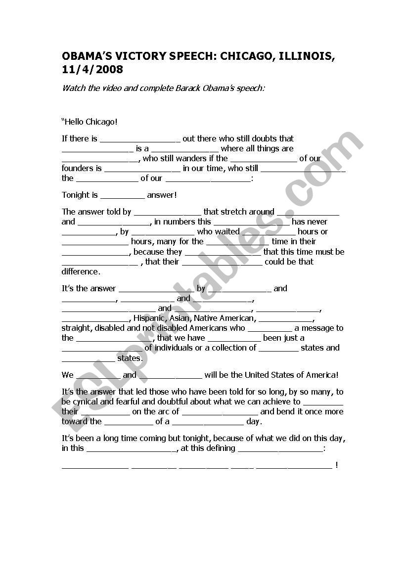 Obamas Victory Speech worksheet