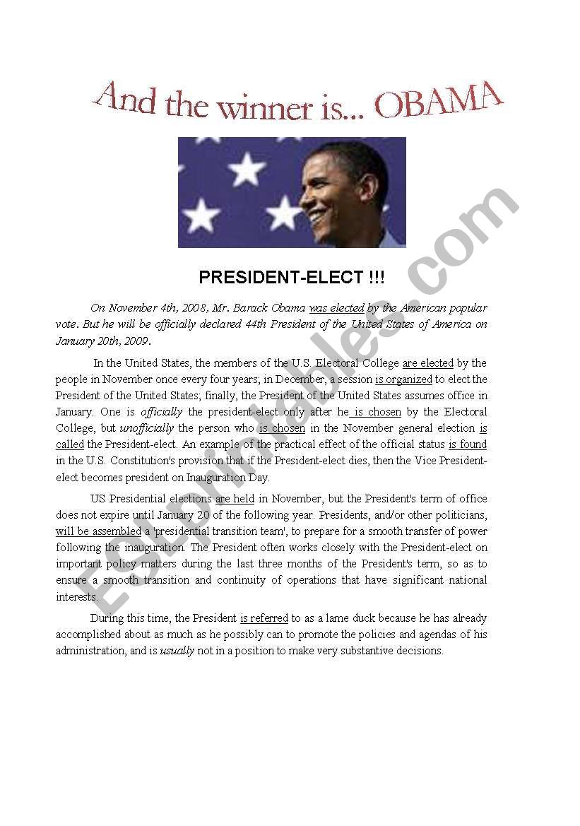 OBAMA: PRESIDENT ELECT worksheet