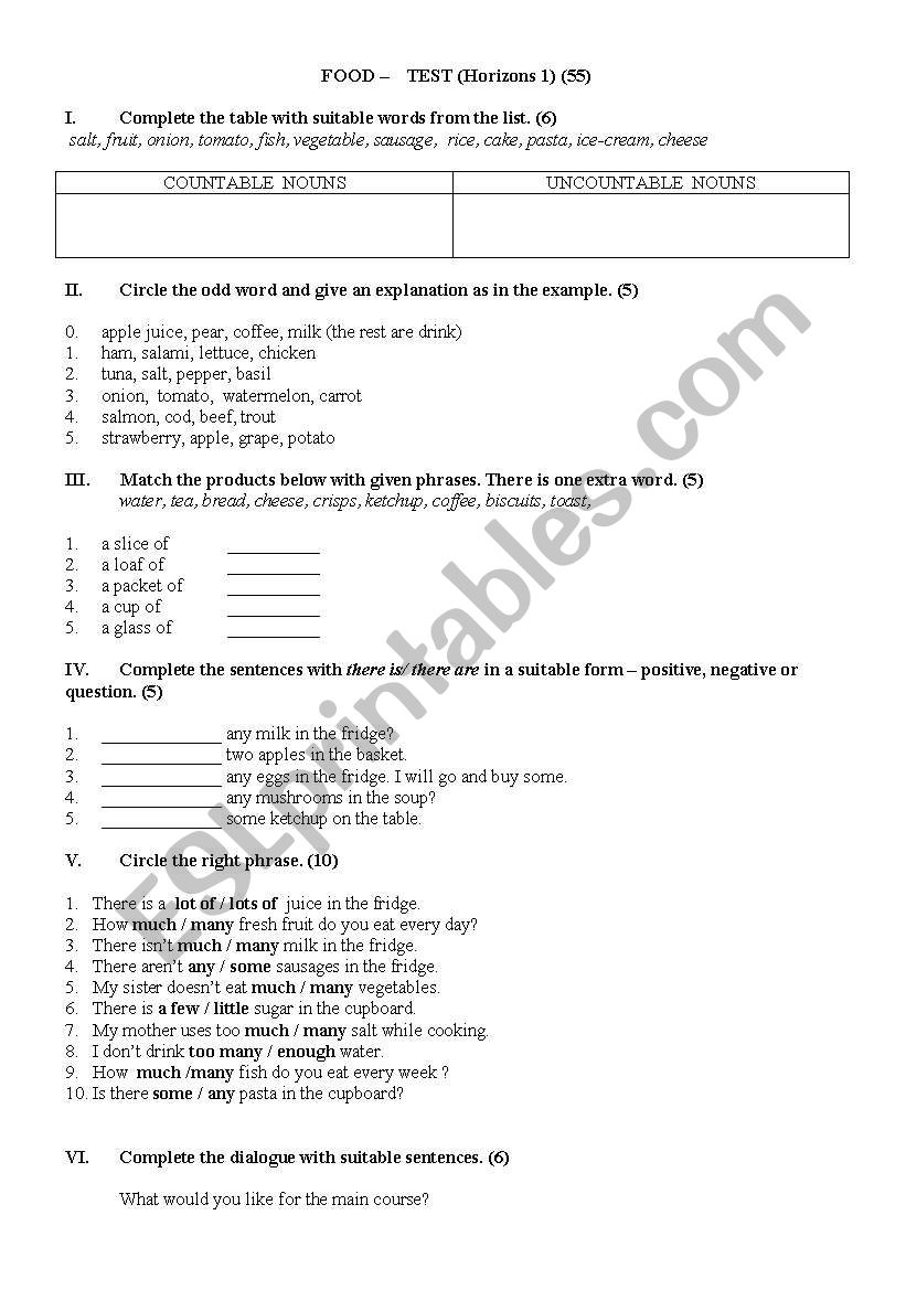 Food -  test worksheet