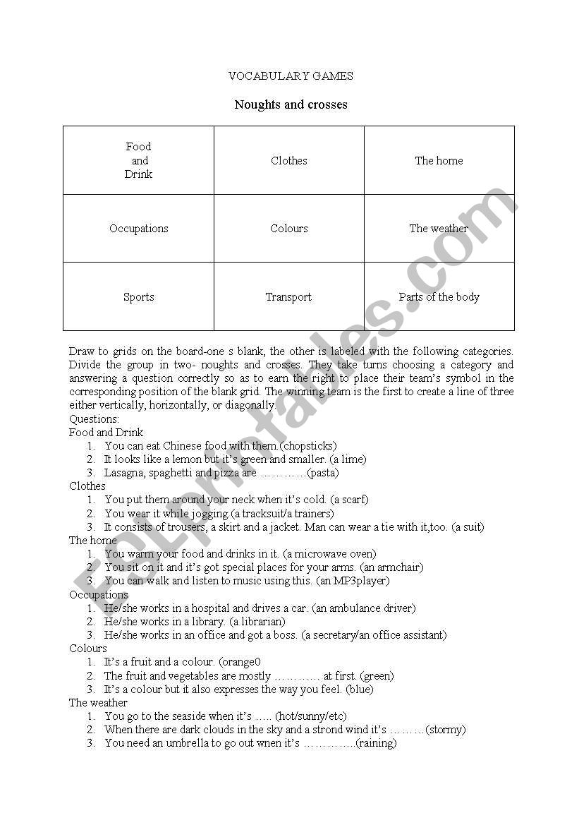 Noughts and Crosses worksheet