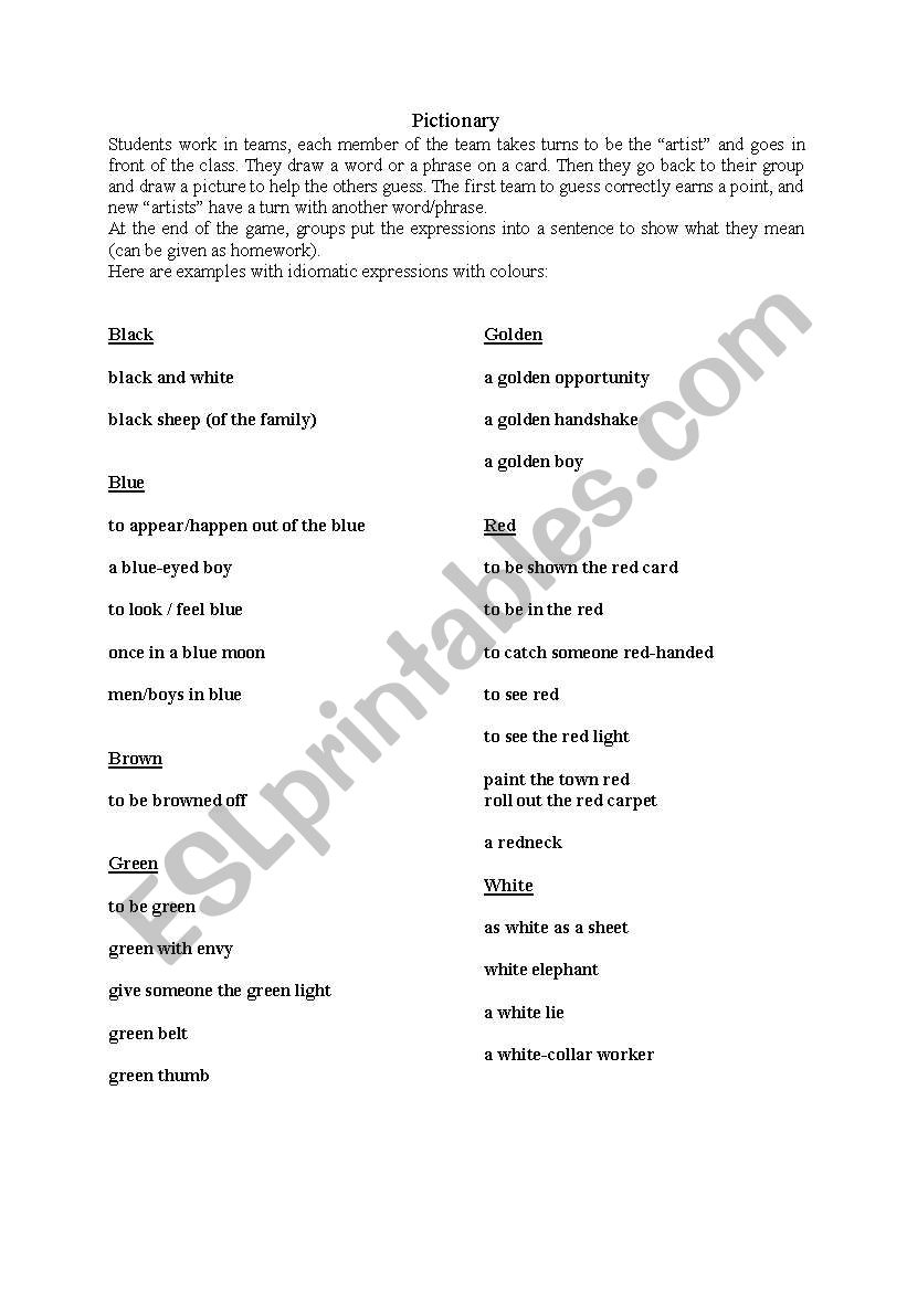 Pictionary worksheet